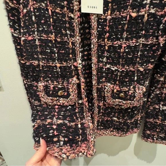 NWT- Sioni Black, Pink, Orange & White Tweed Cardigan Size Medium Women’s - Picture 5 of 11